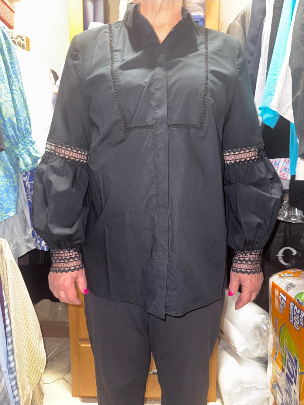 Pearl by Lela Rose Black Button-Down Blouse with Lace Trim
